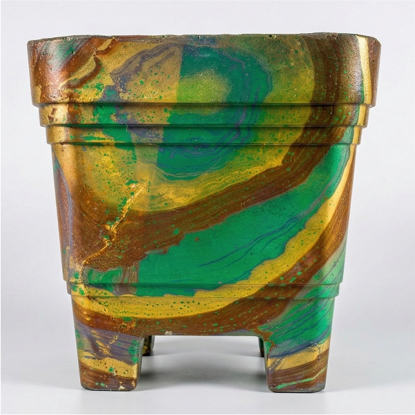 Handmade 4 litre square concrete planter with vivid green, gold and brown swirls, no drainage holes