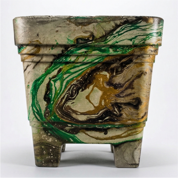 Handmade 4 litre square concrete planter with green, gold and brown marbled swirls, no drainage holes