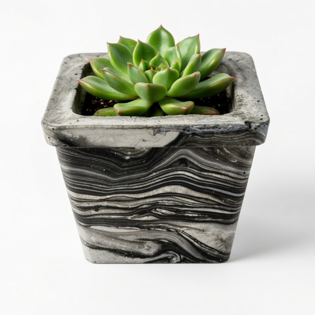 A small square concrete planter with a black and grey marbled wood-grain effect, containing a green Echeveria succulent with pink tips.