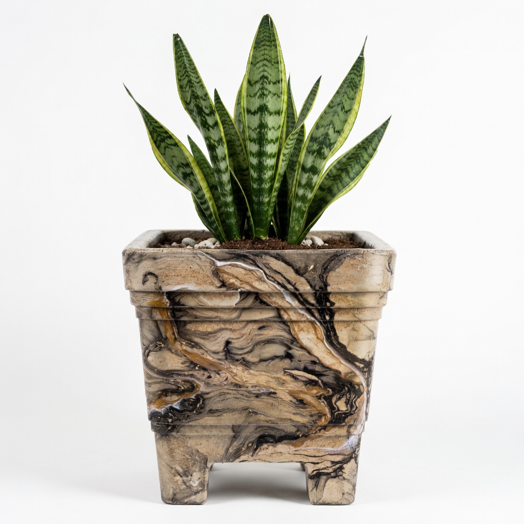 A square footed concrete planter with a complex brown, black, and white marbled pattern, containing a vibrant green and silver Sansevieria (Snake Plant).